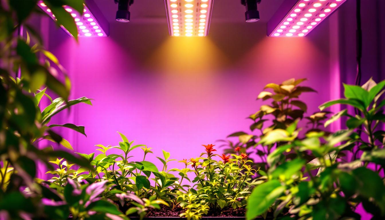 A photograph of a well-designed indoor garden setup featuring various growth lights illuminating vibrant plants