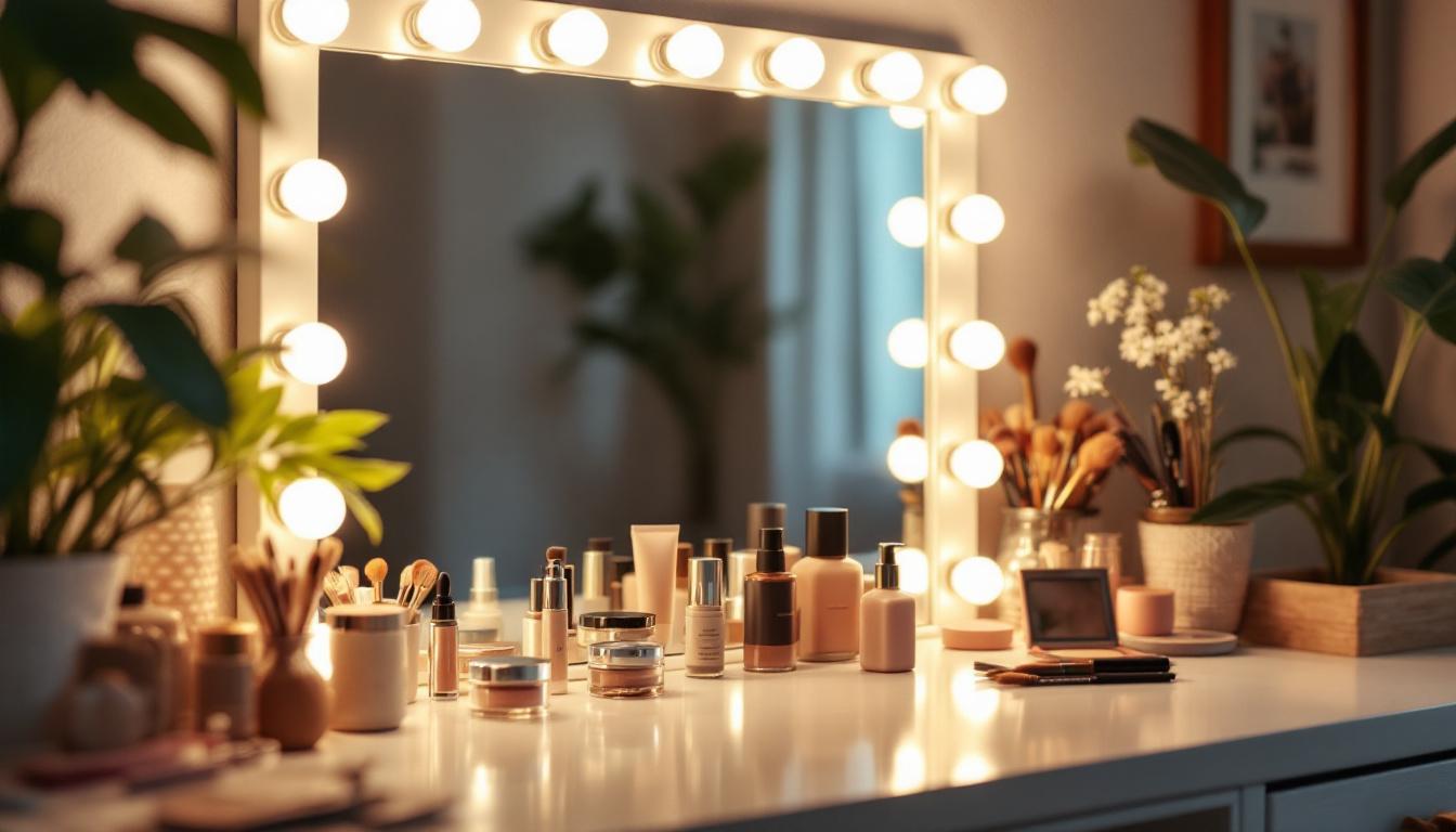 A photograph of a well-lit vanity setup featuring a mirror surrounded by soft