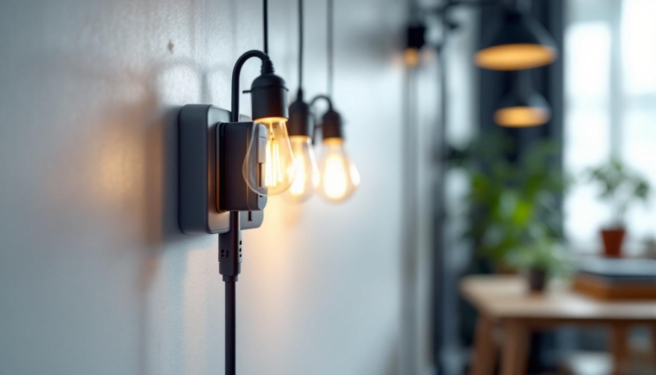 A photograph of a well-lit workspace featuring an electrical pigtail cord connected to energy-efficient light fixtures
