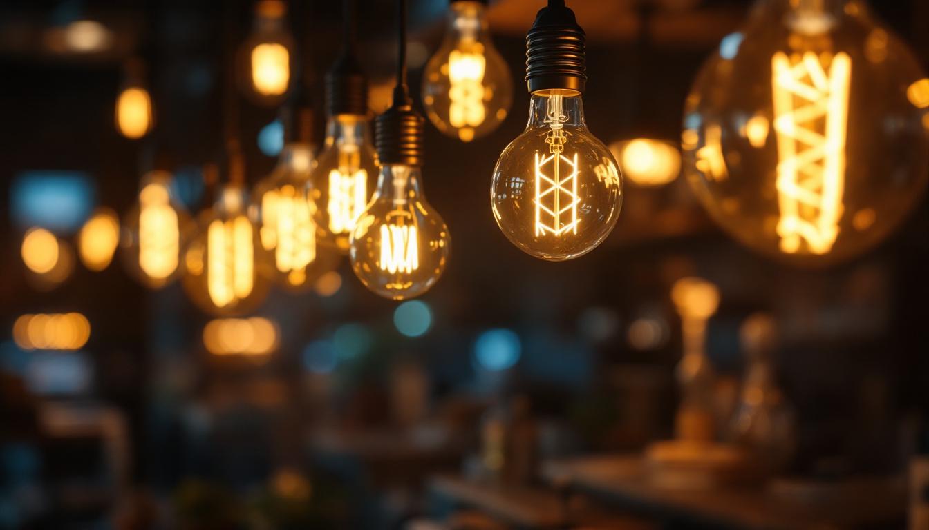 A photograph of a beautifully arranged display of vintage-style light bulbs