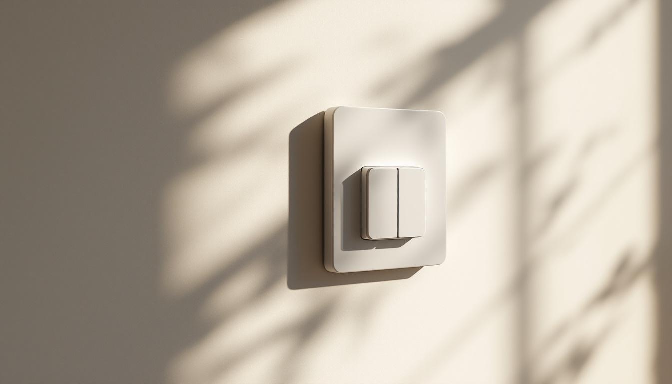 A photograph of a modern dimmable light and fan switch installed in a stylish home setting