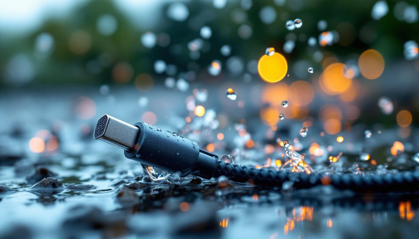 A photograph of a close-up of a waterproof cable in an outdoor setting