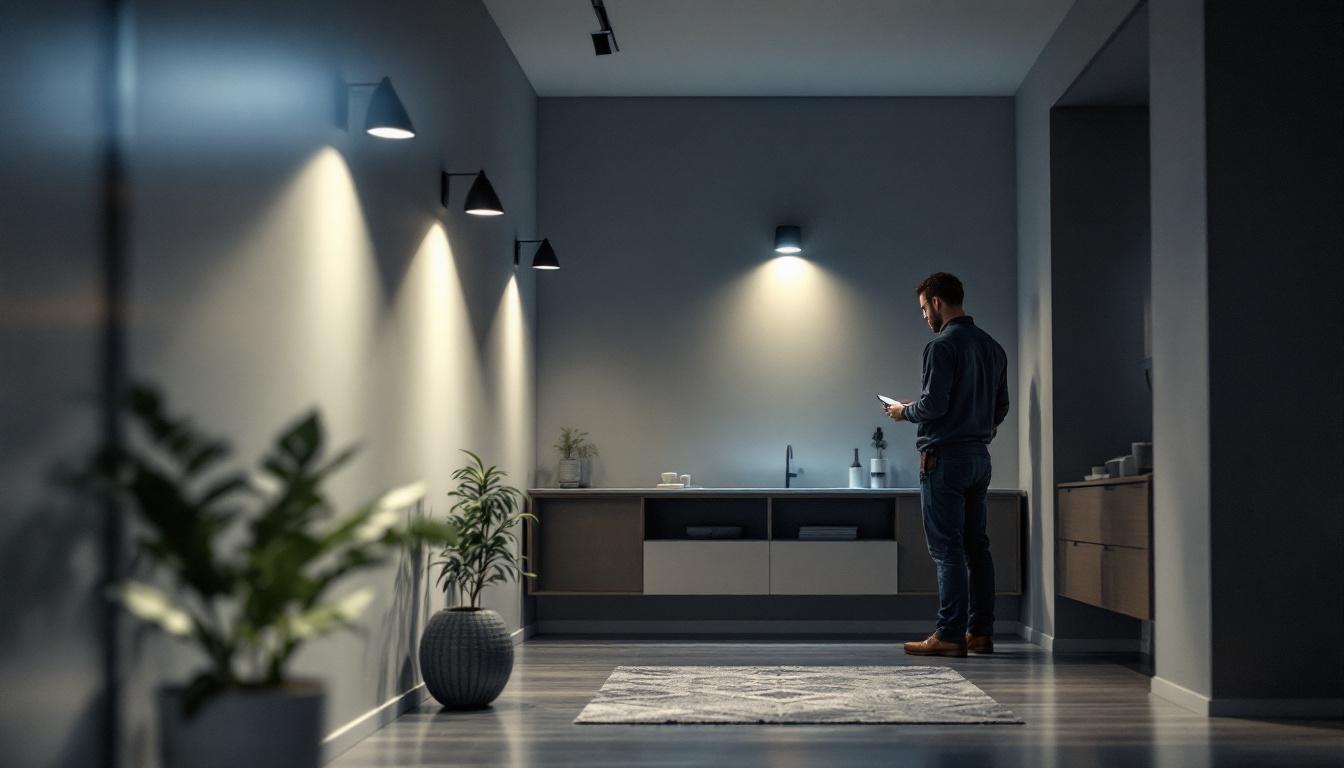 A photograph of capture a photograph of a well-lit room featuring motion detector can lights in action