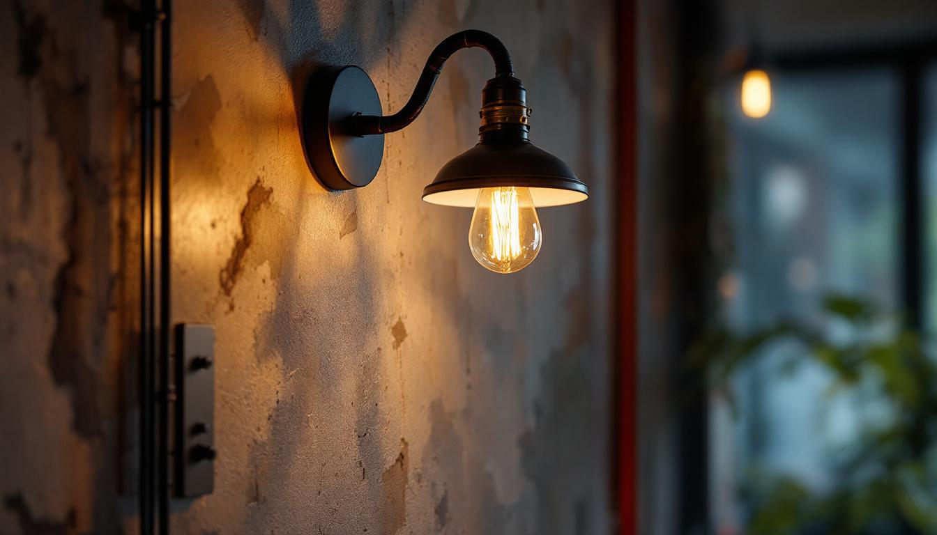 A photograph of a stylish industrial wall light installed in a modern workspace