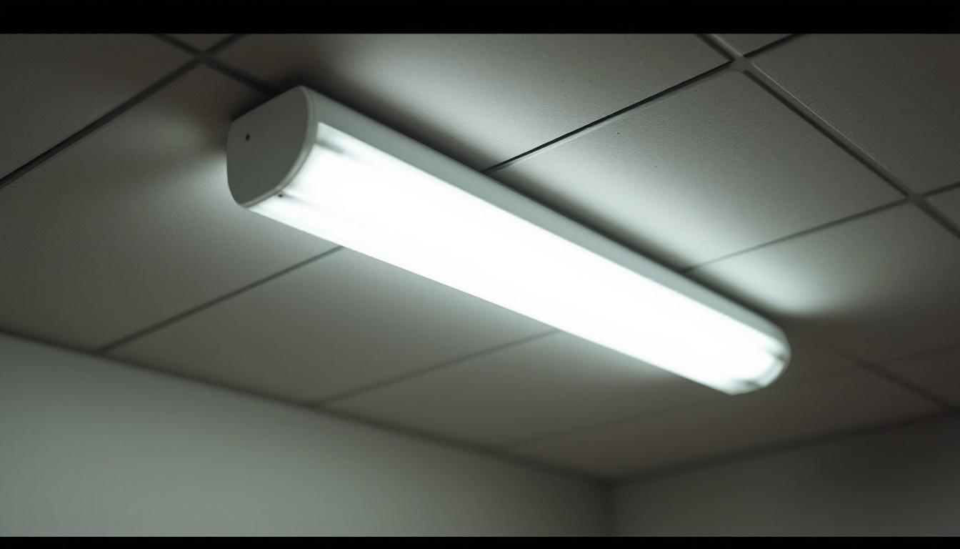 A photograph of a well-lit room featuring a ceiling fluorescent light fixture