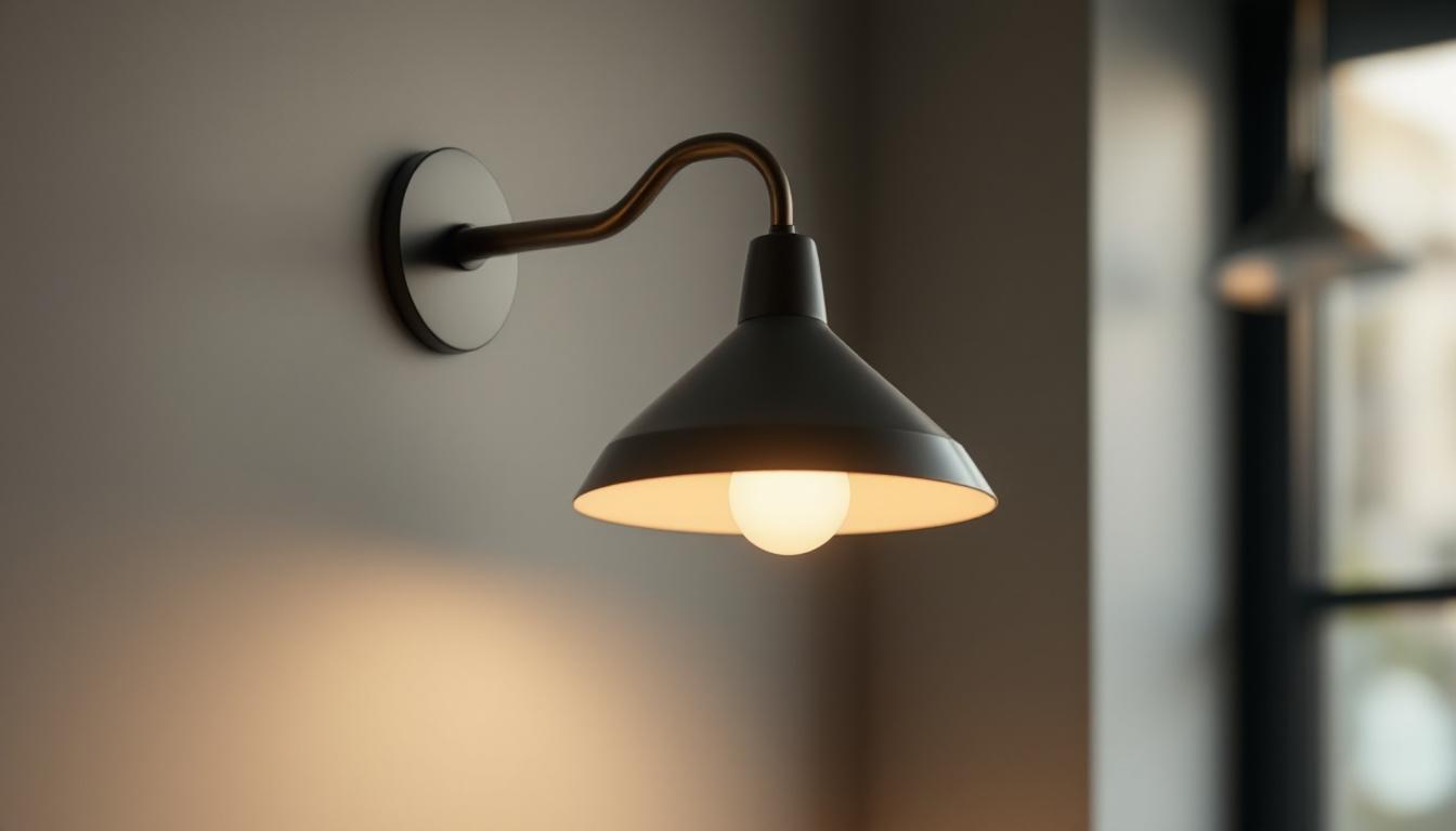 A photograph of a stylish lamp anchored to a wall or ceiling