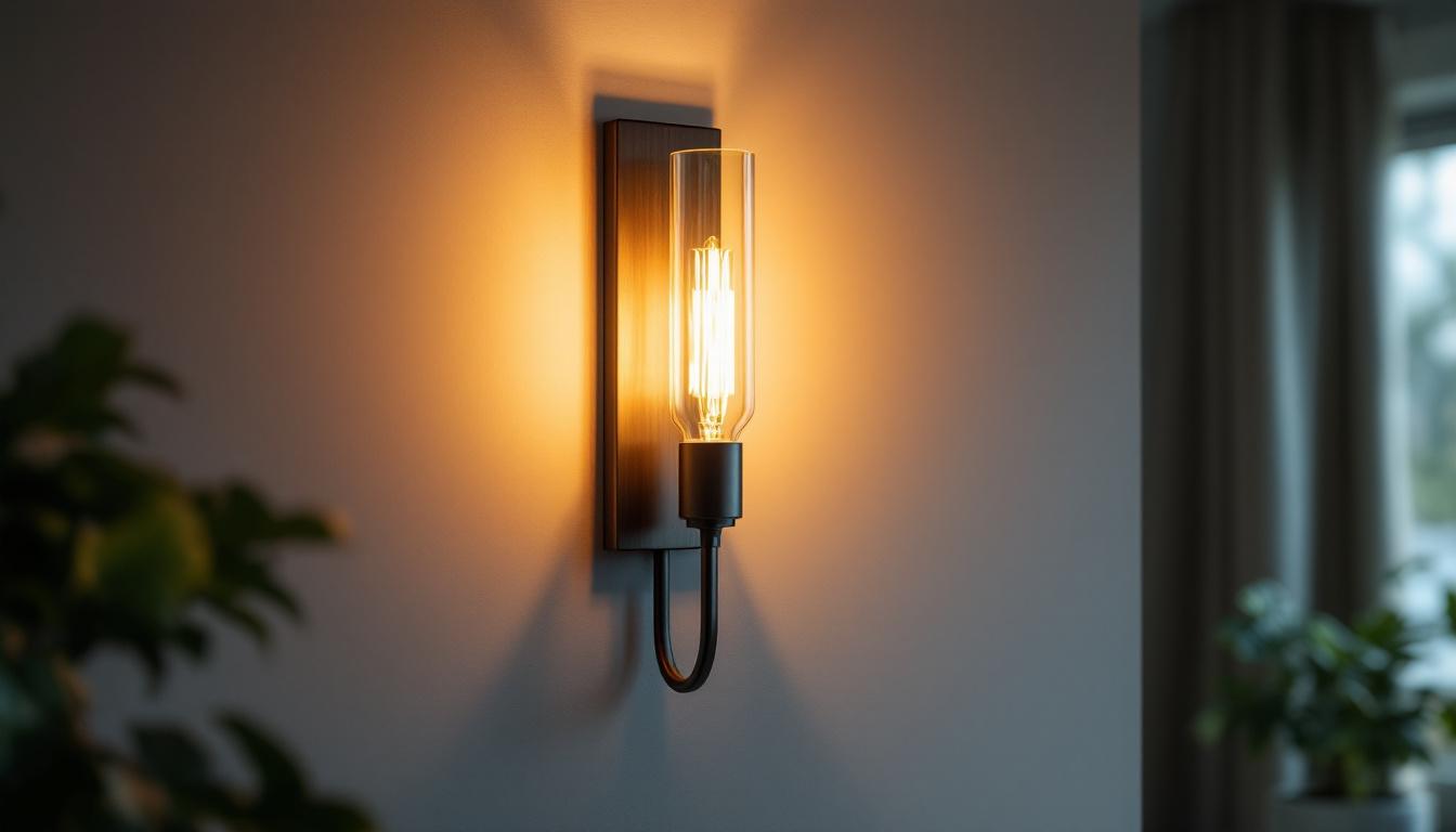 A photograph of a stylish wall sconce fixture elegantly illuminated in a cozy interior setting