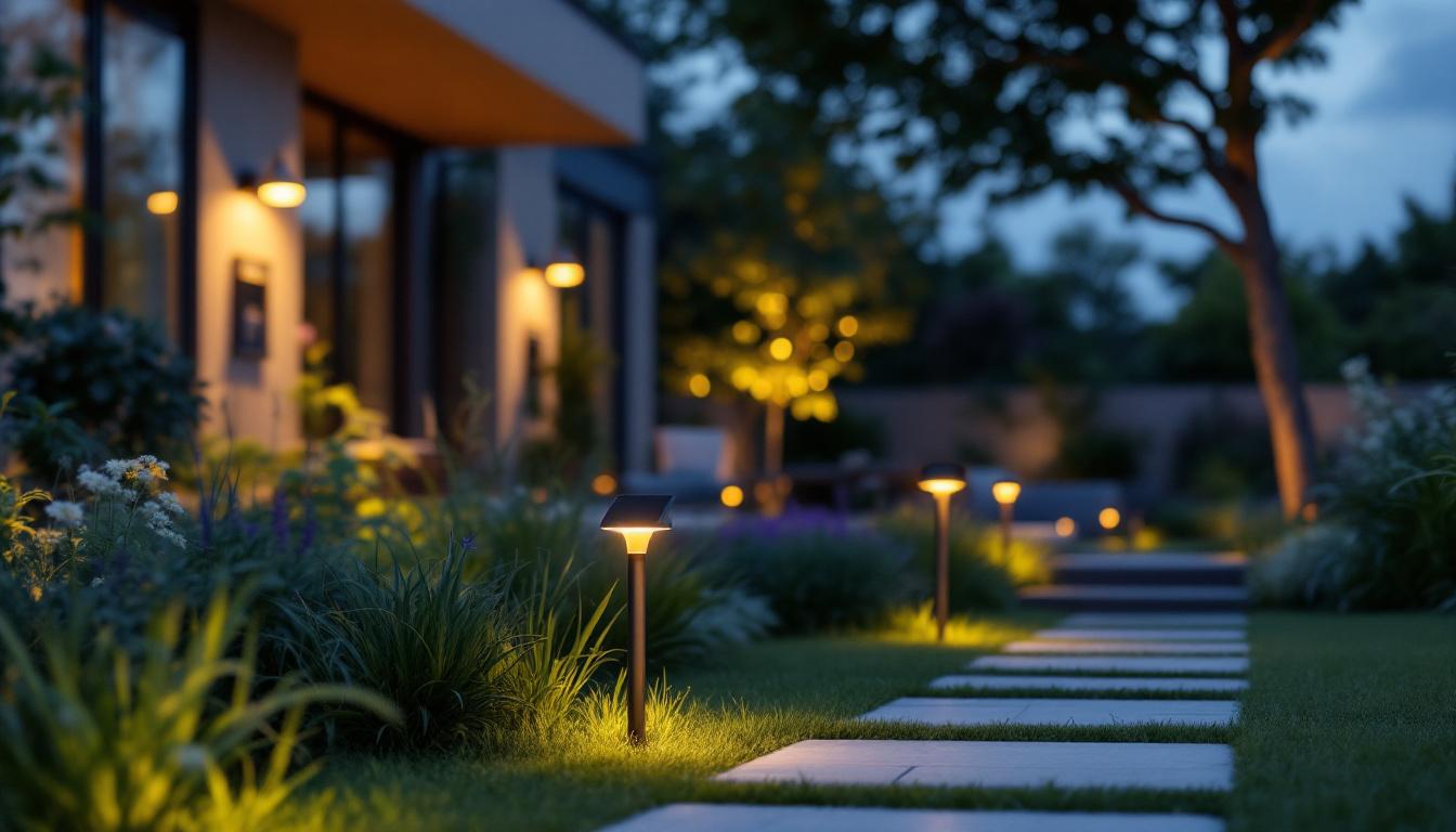 A photograph of a well-designed outdoor space illuminated by stylish led solar lights