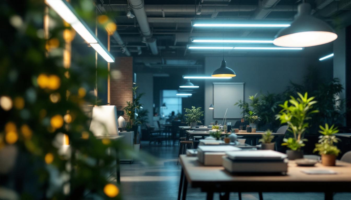 A photograph of a well-lit workspace featuring linear fluorescent lamps in action
