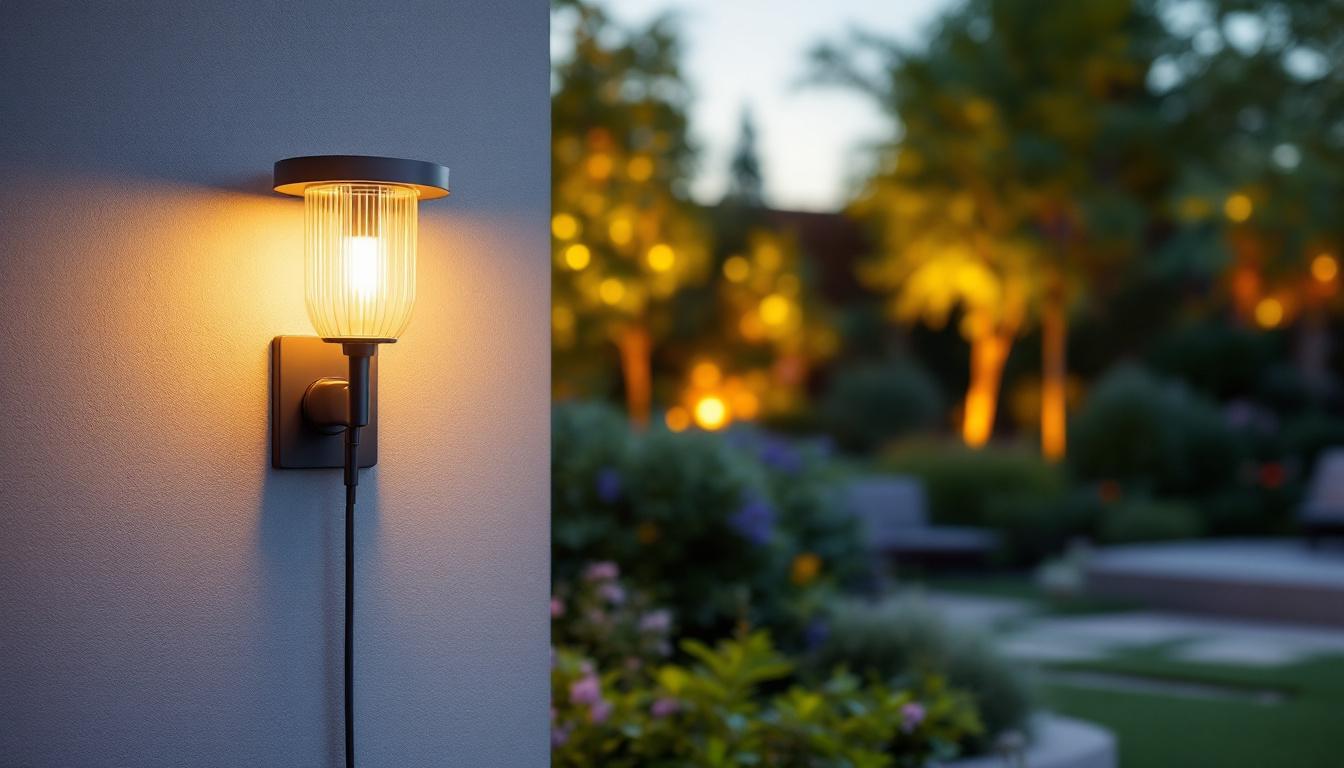 A photograph of a stylish outdoor light fixture featuring a built-in power outlet
