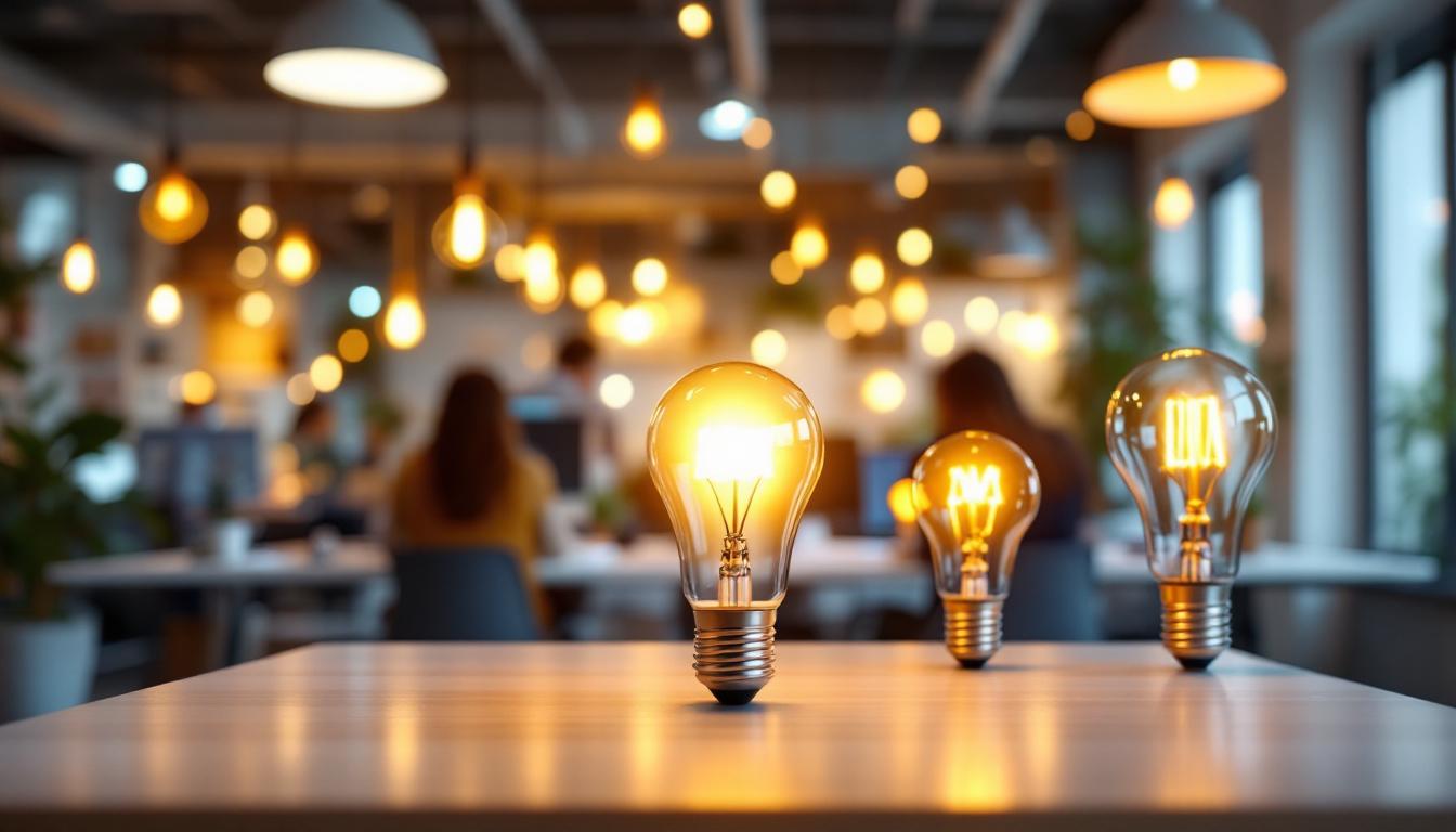 A photograph of a modern office space featuring a variety of energy-efficient light bulbs in use