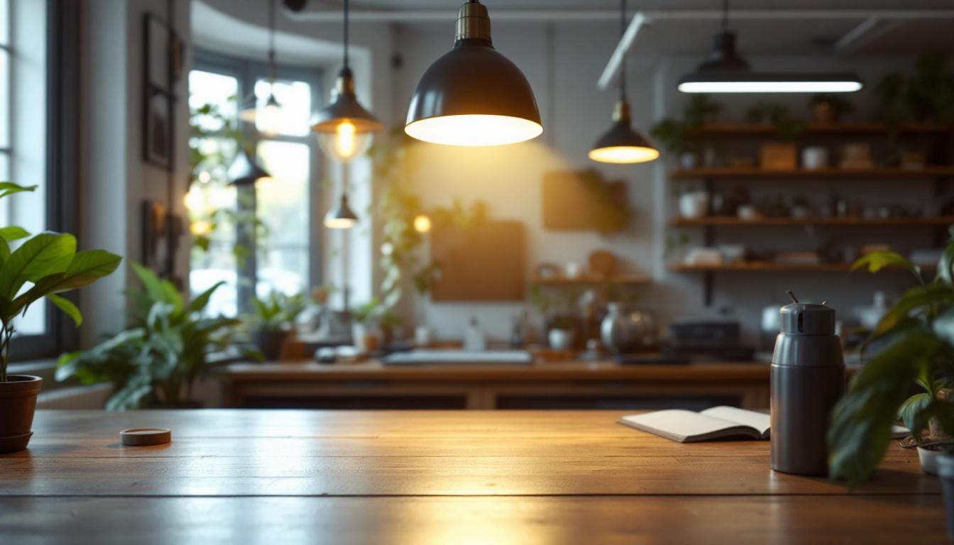A photograph of a well-lit workspace showcasing various shop lights in use