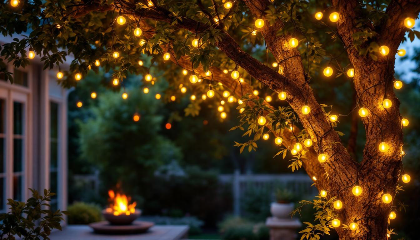 A photograph of a beautifully lit outdoor scene featuring the 48ft led string lights elegantly draped across trees or a patio
