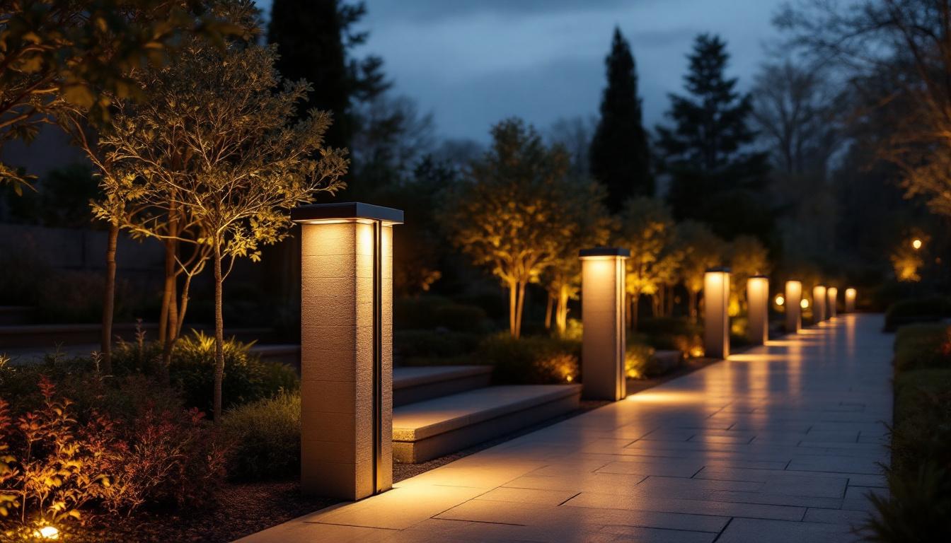 A photograph of a beautifully illuminated outdoor space featuring elegant bollard landscape lighting