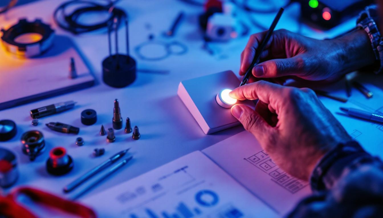 A photograph of a close-up of an electrical engineer working on a smart led dimmer switch