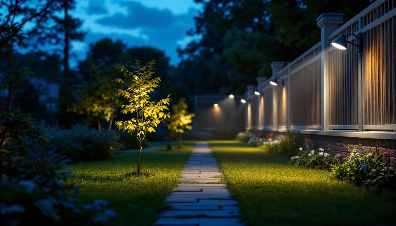 A photograph of a well-lit outdoor space showcasing various flood lights in action