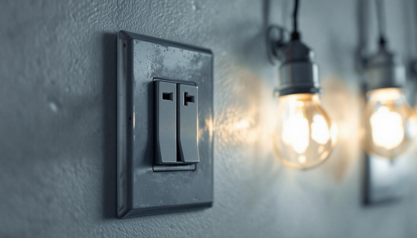 A photograph of a close-up of a grey electrical outlet in a well-lit room