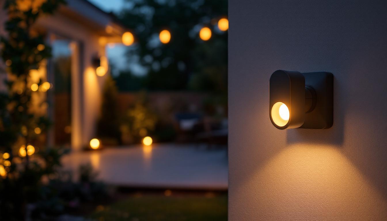 A photograph of a beautifully illuminated outdoor space at dusk featuring a stylish motion-activated plug-in light