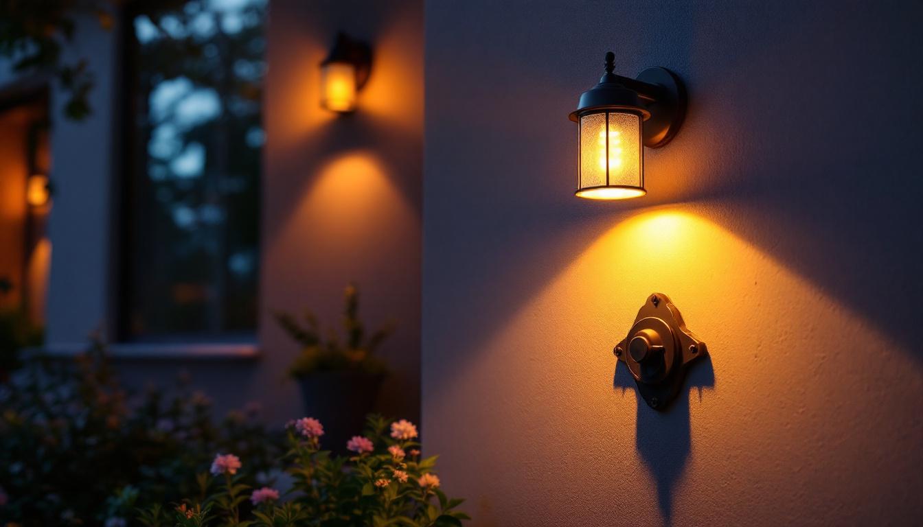 A photograph of a beautifully illuminated exterior door at dusk