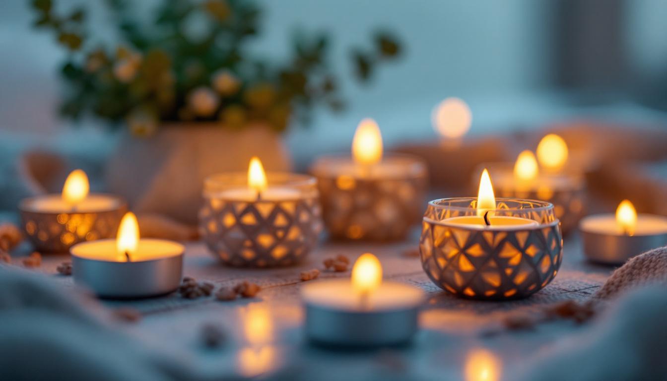 A photograph of a softly lit scene featuring various tea light bulbs in decorative holders