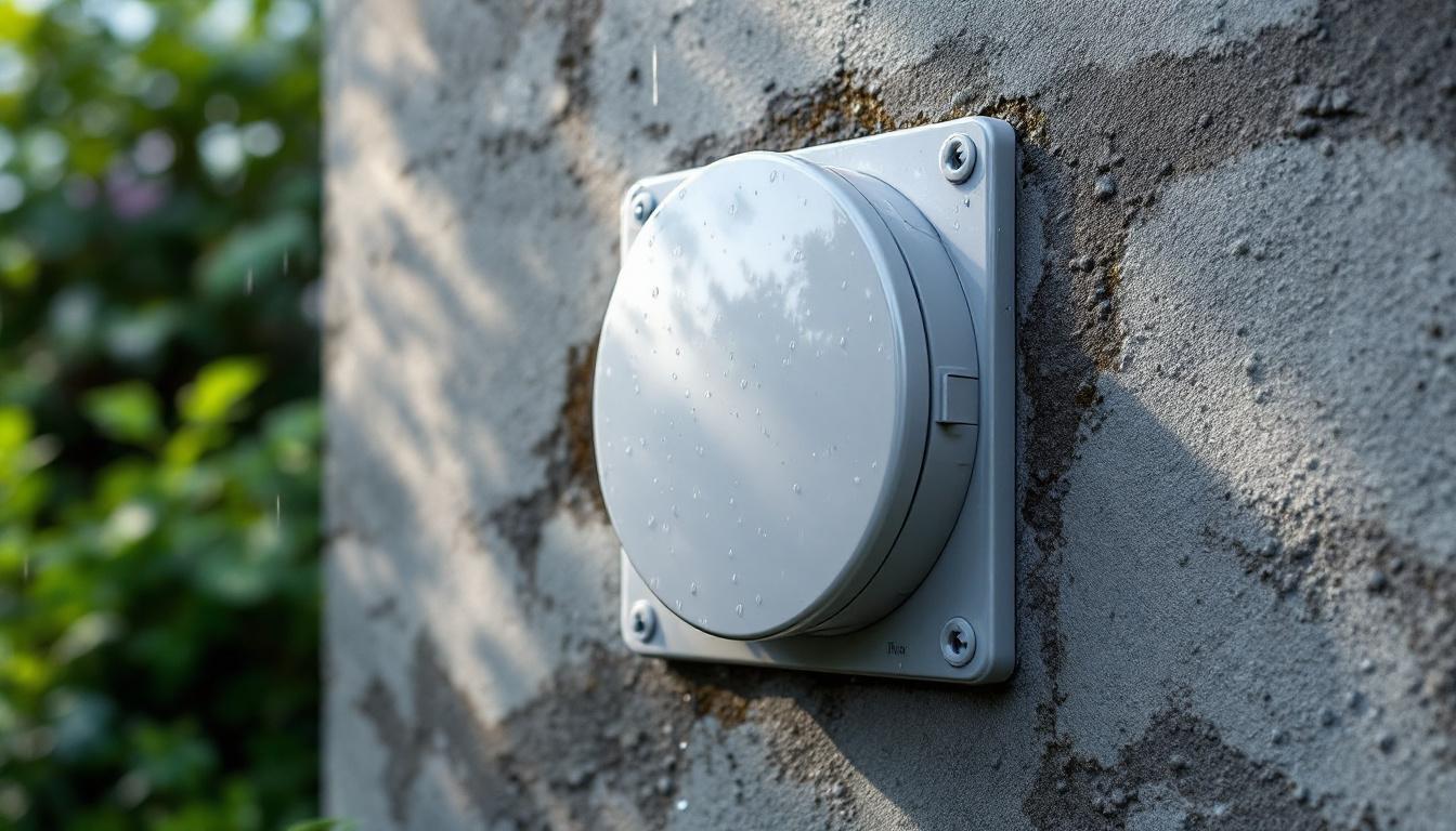A photograph of a round electrical box cover installed outdoors