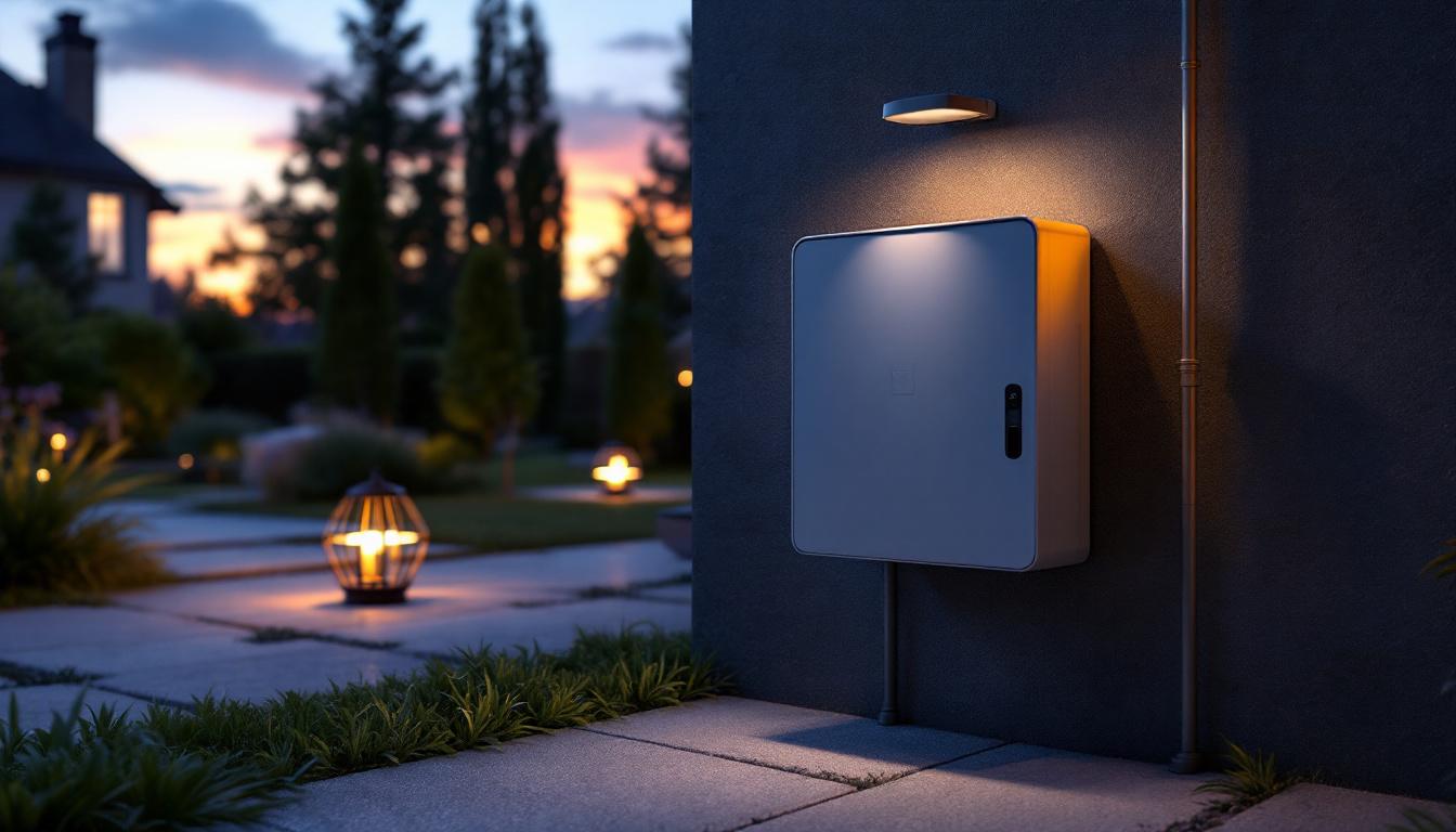A photograph of a well-designed exterior power box integrated into a stylish outdoor lighting setup