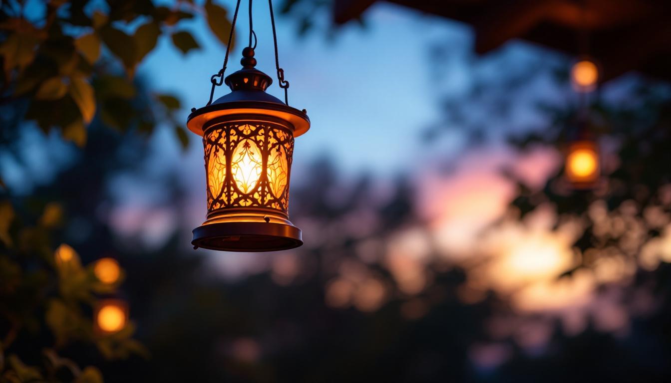 A photograph of a beautifully designed hanging outdoor lantern illuminated at dusk