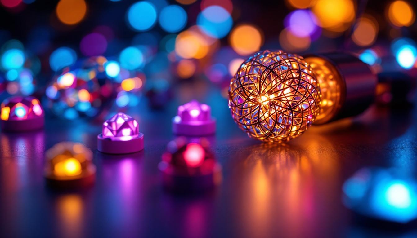A photograph of a close-up of various led lights in different shapes and colors