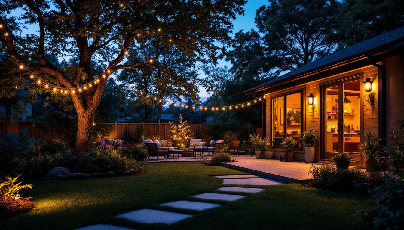 A photograph of a beautifully illuminated backyard scene at dusk