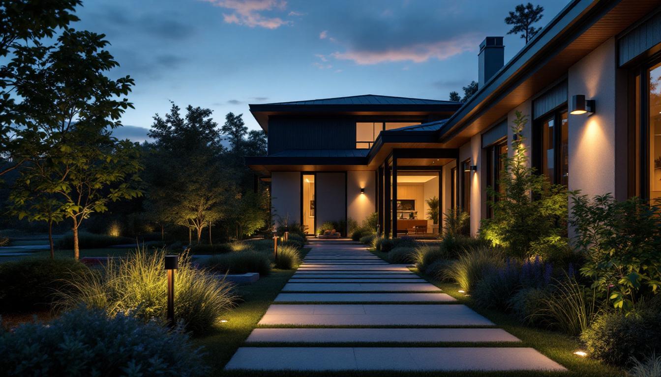 A photograph of a beautifully designed outdoor space featuring sleek black house lights illuminating pathways and landscaping
