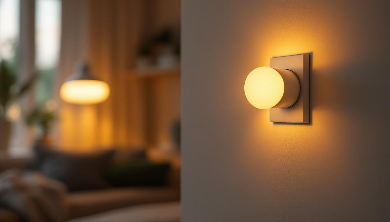 A photograph of a close-up shot of a dimmable led light in a cozy home setting