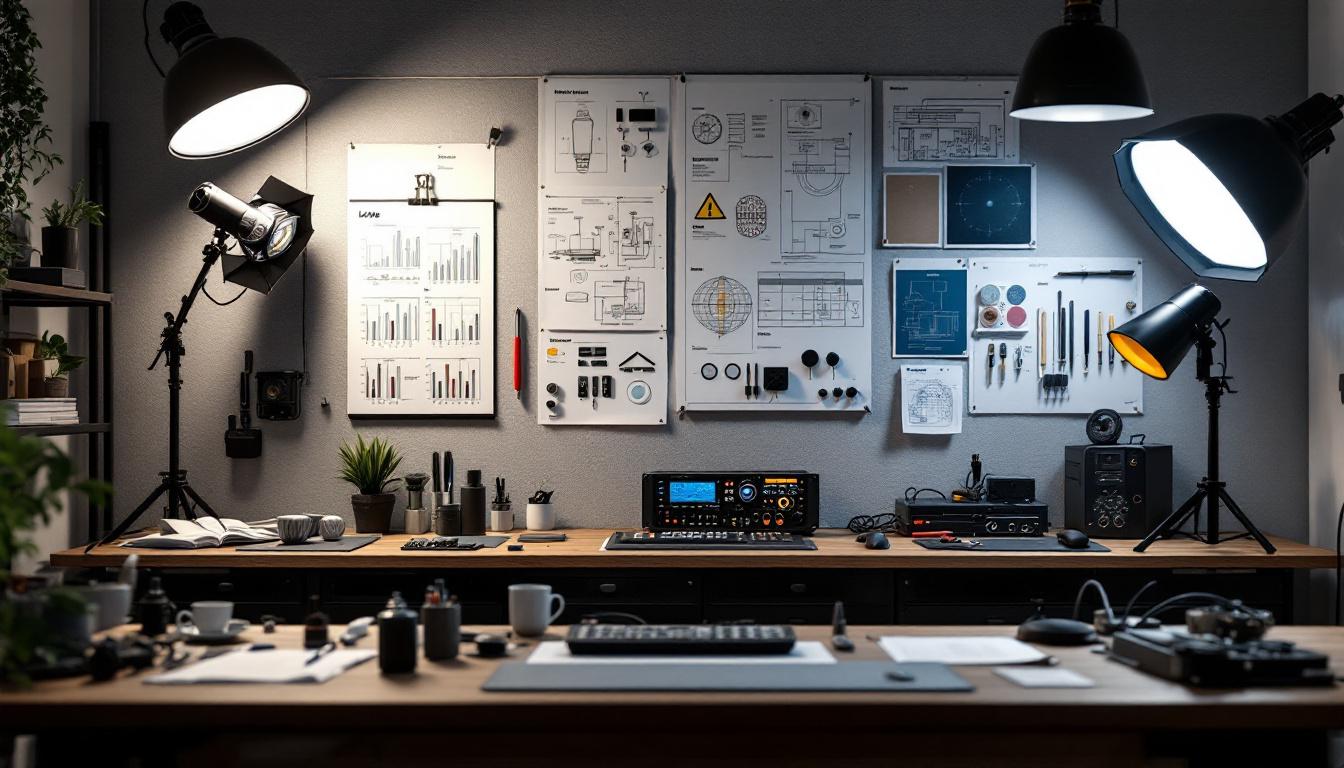 A photograph of a modern lighting engineering workspace featuring a loves inverter prominently displayed alongside various lighting fixtures