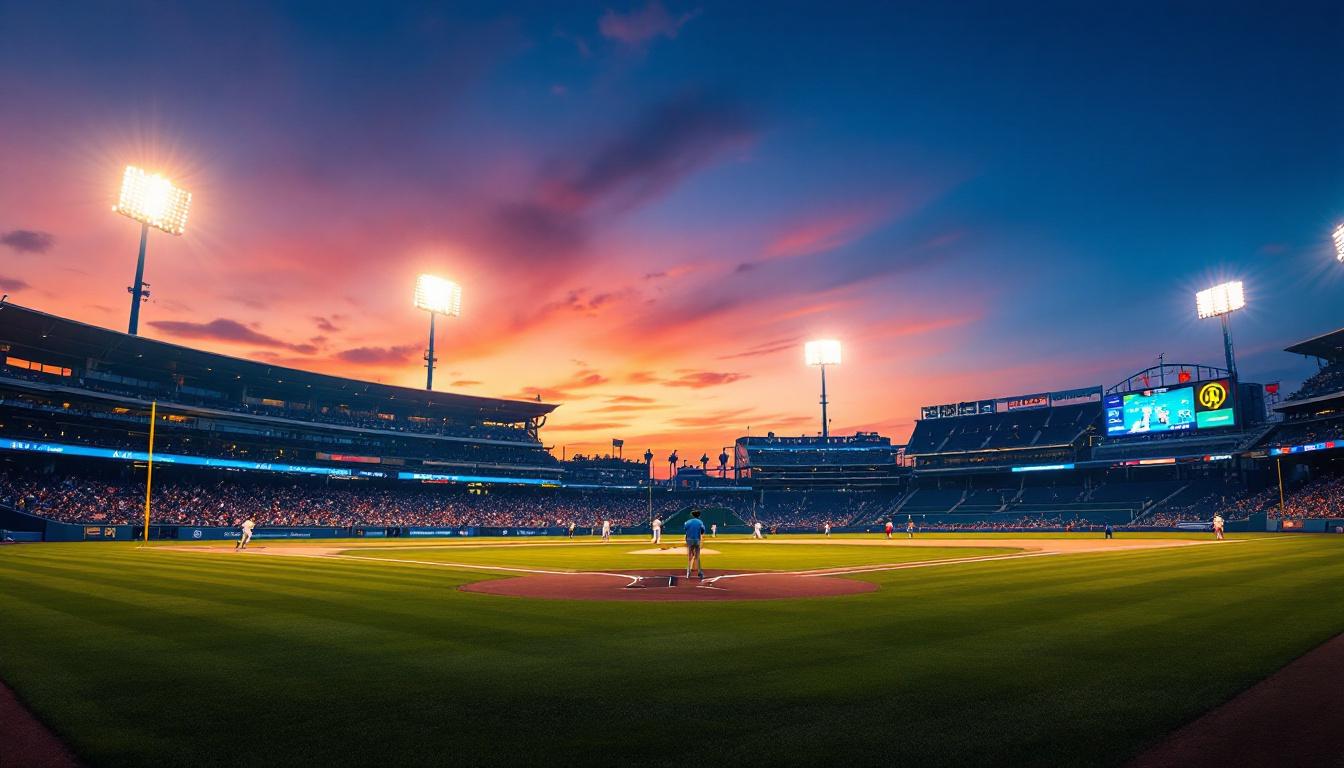 A photograph of a vibrant baseball field illuminated by led lights during twilight