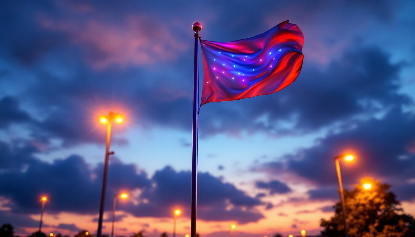 A photograph of a beautifully illuminated flag pole at dusk