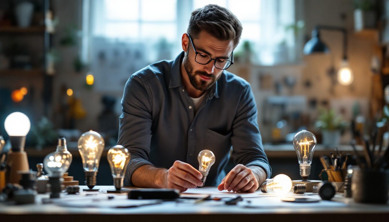 A photograph of a well-lit workspace featuring an engineer examining various innovative light bulb designs and lighting solutions