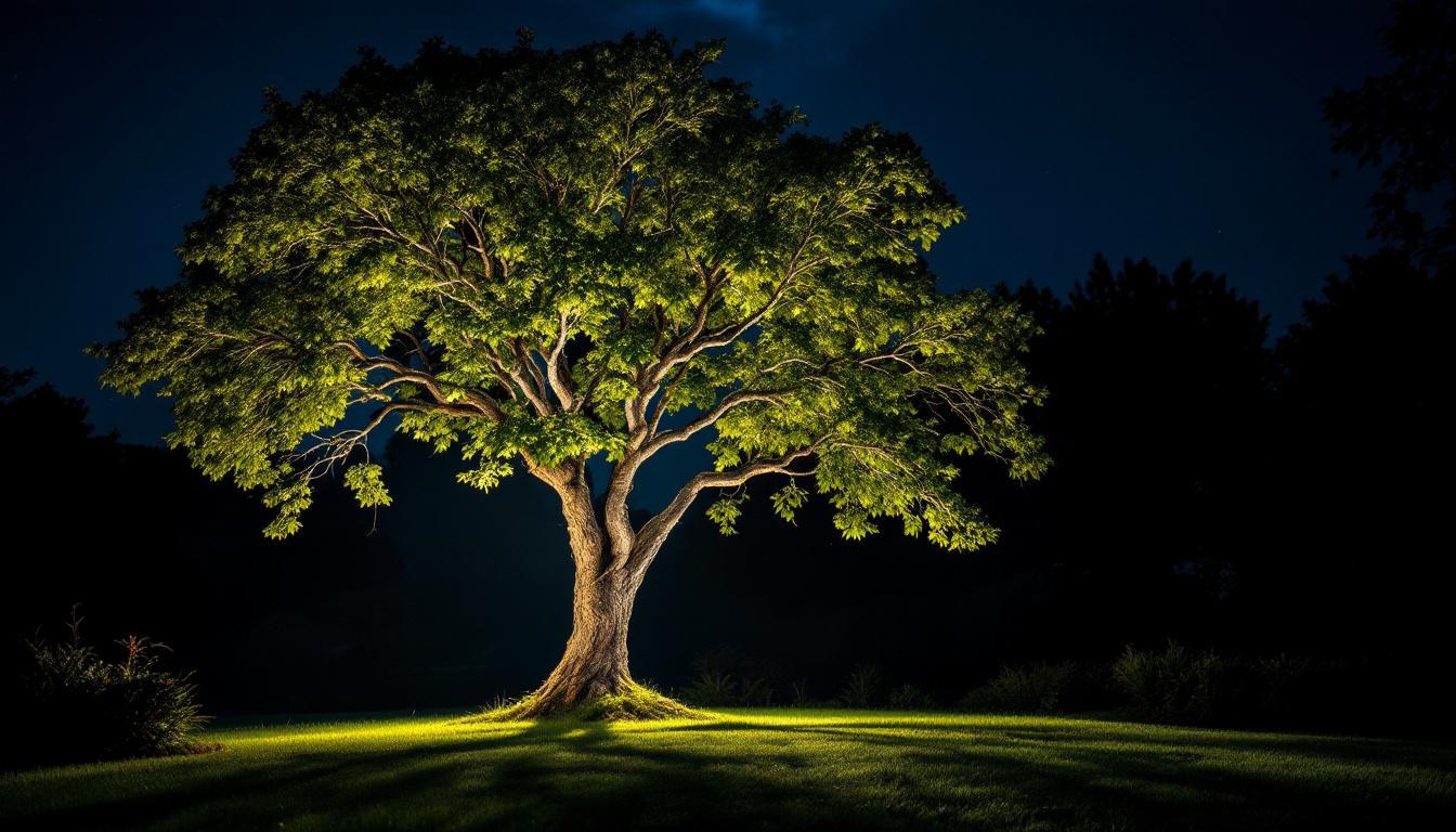 A photograph of a beautifully illuminated tree at night