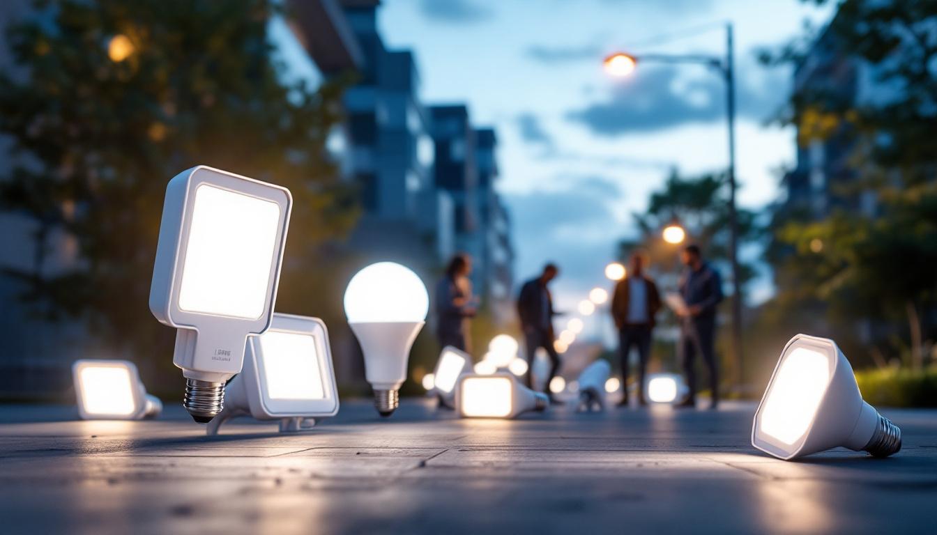 A photograph of a well-lit outdoor scene showcasing various led flood light bulbs in action