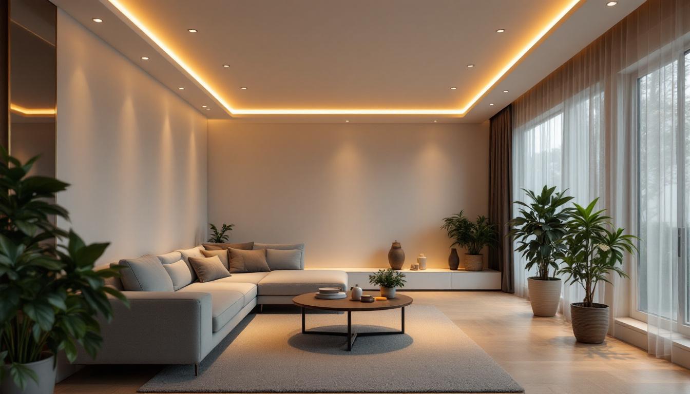 A photograph of a modern living space showcasing a beautifully installed recessed lighting system