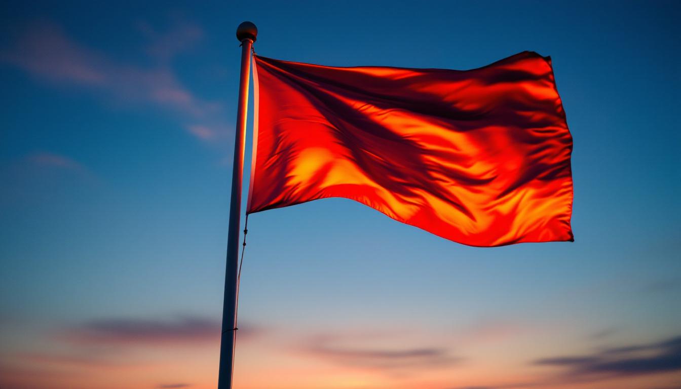 A photograph of a well-lit flagpole at dusk