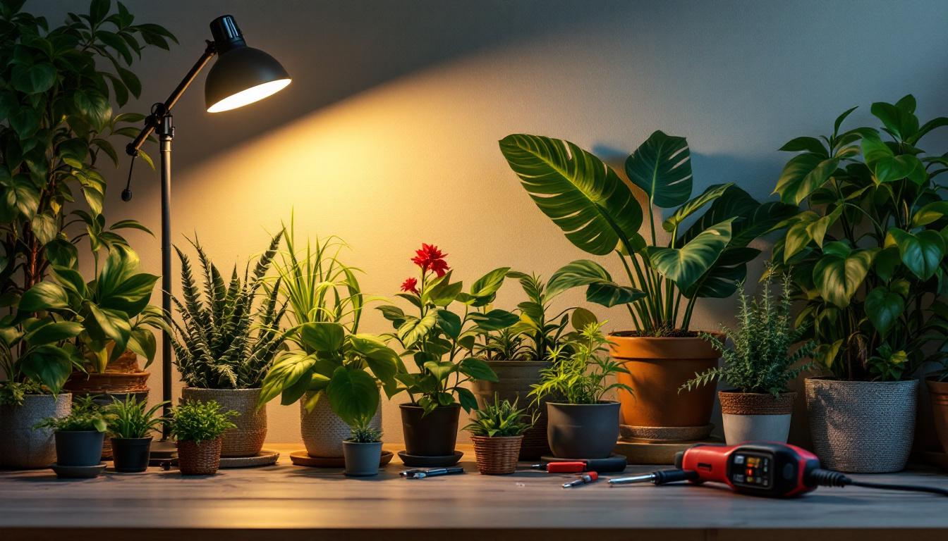 A photograph of a beautifully arranged indoor plant setup illuminated by decorative plant lights