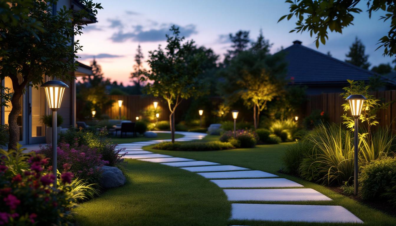 A photograph of a beautifully landscaped backyard at dusk