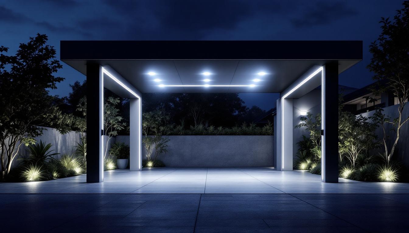 A photograph of a stylish carport illuminated by modern outdoor lighting