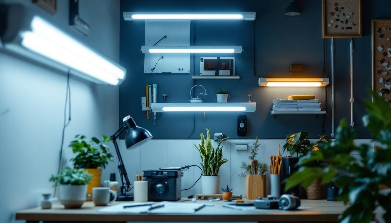 A photograph of a well-lit workspace showcasing various t12 fluorescent light fixtures in use