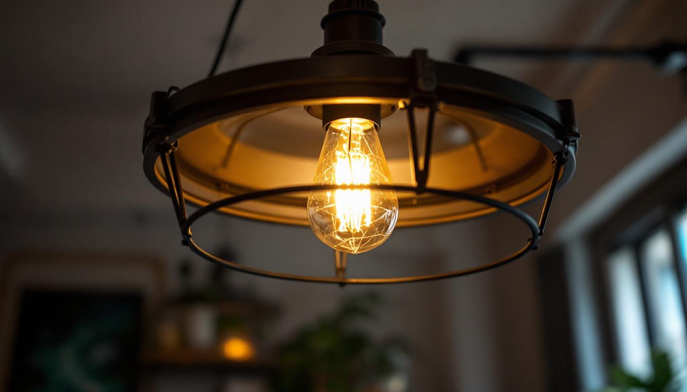 A photograph of a stylish industrial ceiling light fixture in a well-designed interior space