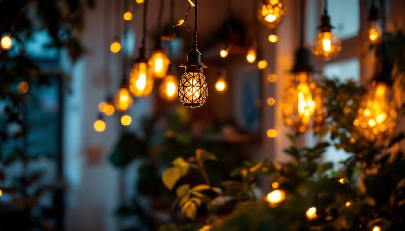 A photograph of a cozy indoor space beautifully illuminated by hanging lantern lights