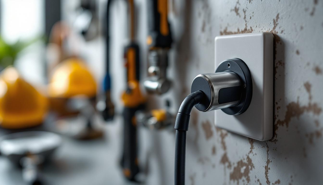 A photograph of a close-up of an innovative outlet lock plug being installed into a modern electrical outlet