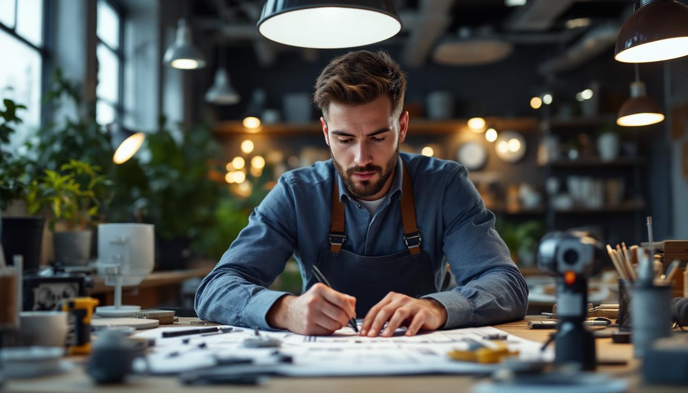 A photograph of a lighting engineer in a workspace