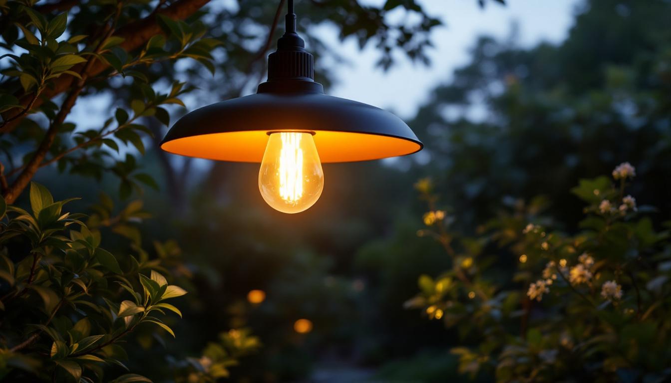 A photograph of a stylish outdoor led pendant light elegantly illuminated in a garden setting