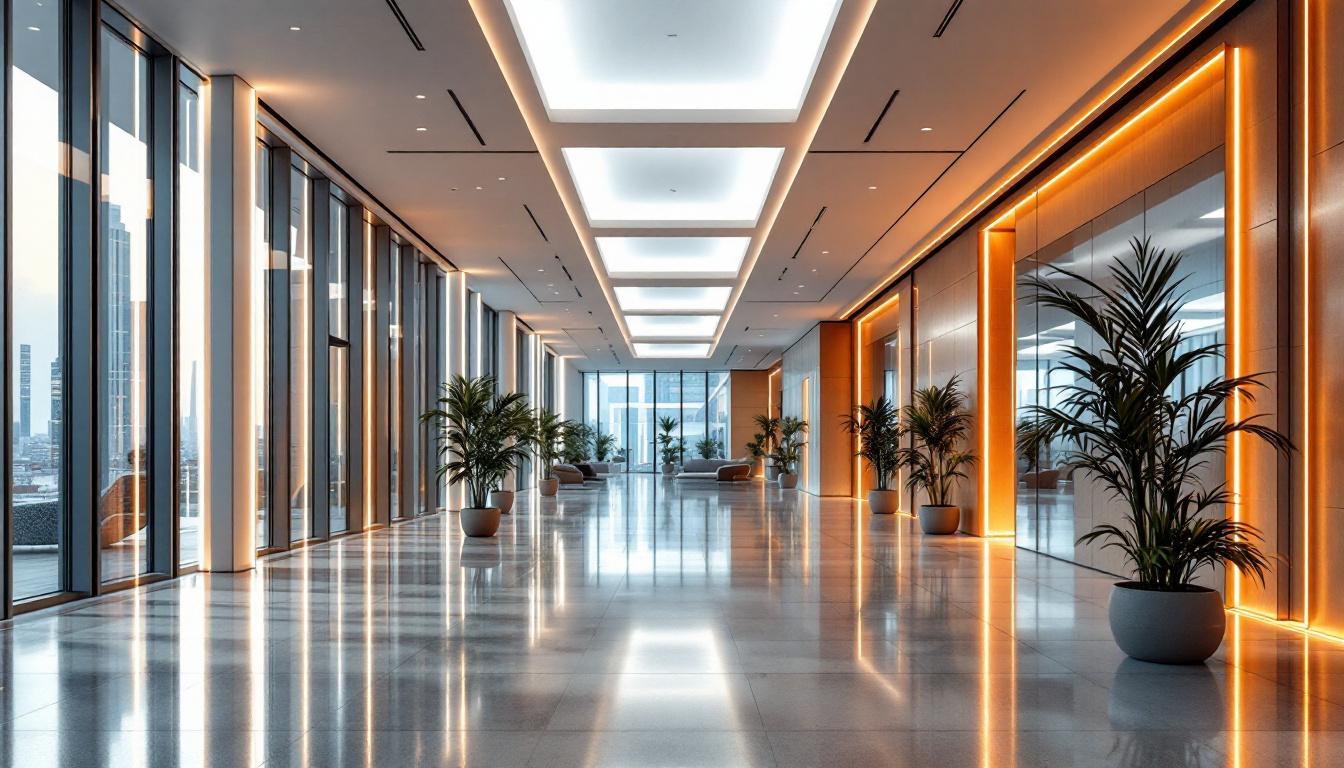 A photograph of a modern architectural space illuminated by innovative lighting designs