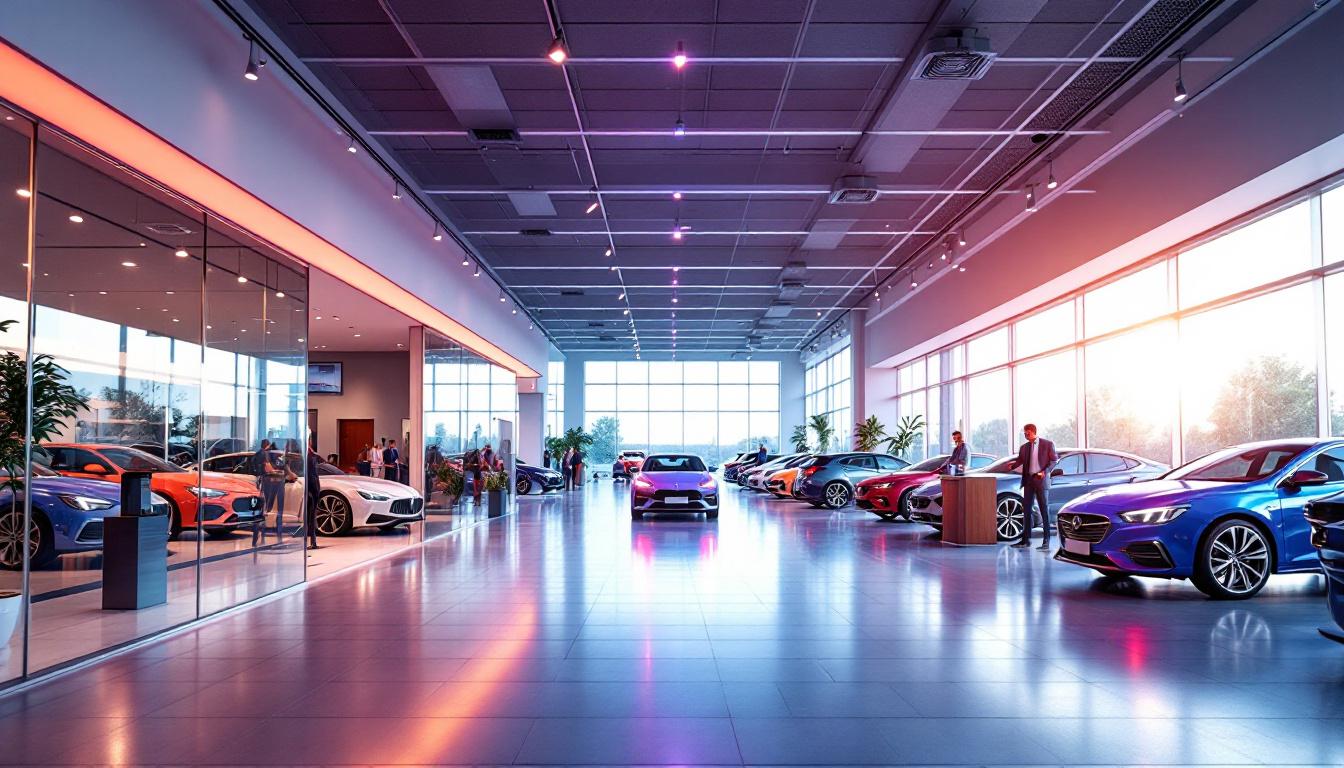 A photograph of a well-lit car dealership interior showcasing vibrant vehicle displays and effective lighting solutions